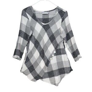 Habitat Linen‎ Blend Tunic Top Size S Asymmetric Plaid Lagenlook grey white